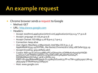   Chrome browser sends a request to Google
     Method: GET
     URL: http://www.google.com
     Headers:
      ▪ Accept: text/html,application/xhtml+xml,application/xml;q=0.9,*/*;q=0.8
      ▪ Accept-Language: en-US,en;q=0.8
      ▪ Accept-Charset: ISO-8859-1,utf-8;q=0.7,*;q=0.3
      ▪ Connection: keep-alive
      ▪ User-Agent: Mozilla/5.0 (Macintosh; Intel Mac OS X 10_7_3)
        AppleWebKit/535.19 (KHTML, like Gecko) Chrome/18.0.1025.168 Safari/535.19
      ▪ Accept-Encoding: gzip,deflate,sdch
      ▪ Cookie: NID=59=EudJ2a15ql8832PCysQA0qchtuvGWMoA7rkp79VpIYAQ8-
        j42IO17LFudCYNMXm9l6SHcu3YgrGRCdrRCyM468xPZaOek4Pi-
        AXQ8eARqU1SGYx6y7_9LW-c3HHb-vs2;
        PREF=ID=994f8de0e8b39a5b:U=237805f1f710dc73:FF=0:TM=1336752507:LM=13
        36752509:S=W0Hha7x4czdXp51U
      ▪ Host: www.google.com
 