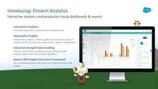 Introducing: Einstein Analytics
Interactive analytics and production-ready dashboards & reports
Interactive Analytics
Unlimited exploration of relationships and differences
Deployable Insights
Embed charts, reports, metrics, guides and many other types of
insight directly into consumer and customer systems using widgets
Industrial Strength Data Handling
Features and functions designed to work seamlessly with
customer data inside and outside of Salesforce
Native CRM Insight into Action Framework
See something and then take action on it right from within the
insight
 