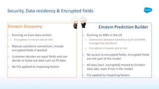 Security, Data residency & Encrypted fields
o Running on Core data centers
o Encryption in transit and at rest
o Manual salesforce connection, include
encrypted fields if wanted
o Customer decides on input fields and can
decide to leave out data such as PII data
o No FLS applied to impacting factors
o Running on AWS in the US
o Connection between Salesforce Core and AWS
managed by Salesforce
o Encryption in transit and at rest
o No access to encrypted fields, encrypted fields
are not part of the model
o All data (excl. encrypted) moved to Einstein
data lake, even if not in the model
o FLS applied to impacting factors
Einstein Discovery Einstein Prediction Builder
 