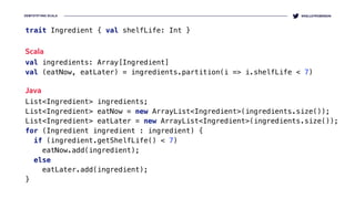 DEMYSTIFYING SCALA @KELLEYROBINSON
trait Ingredient { val shelfLife: Int }
Scala
val ingredients: Array[Ingredient] 
val (eatNow, eatLater) = ingredients.partition(i => i.shelfLife < 7)
Java
List<Ingredient> ingredients; 
List<Ingredient> eatNow = new ArrayList<Ingredient>(ingredients.size()); 
List<Ingredient> eatLater = new ArrayList<Ingredient>(ingredients.size()); 
for (Ingredient ingredient : ingredient) { 
if (ingredient.getShelfLife() < 7) 
eatNow.add(ingredient); 
else 
eatLater.add(ingredient); 
}
 