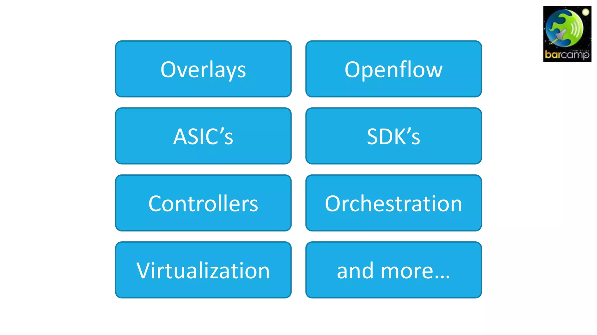 Overlays Openflow
ASIC’s SDK’s
Controllers Orchestration
Virtualization and more…
 