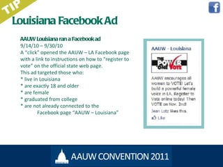 Louisiana Facebook Ad AAUW Louisiana ran a Facebook ad  9/14/10 – 9/30/10 A  “click” opened the AAUW – LA Facebook page with a link to instructions on how to “register to vote” on the official state web page. This ad targeted those who:  * live in Louisiana  * are exactly 18 and older  * are female * graduated from college  * are not already connected to the  Facebook page  “AAUW – Louisiana” TIP 