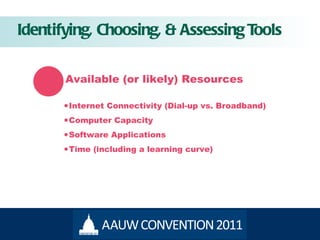Identifying, Choosing, & Assessing Tools Available (or likely) Resources Internet Connectivity (Dial-up vs. Broadband) Computer Capacity Software Applications Time (including a learning curve) 