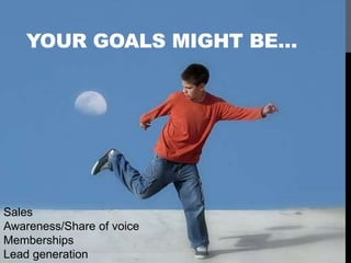 YOUR GOALS MIGHT BE…
Sales
Awareness/Share of voice
Memberships
Lead generation
 