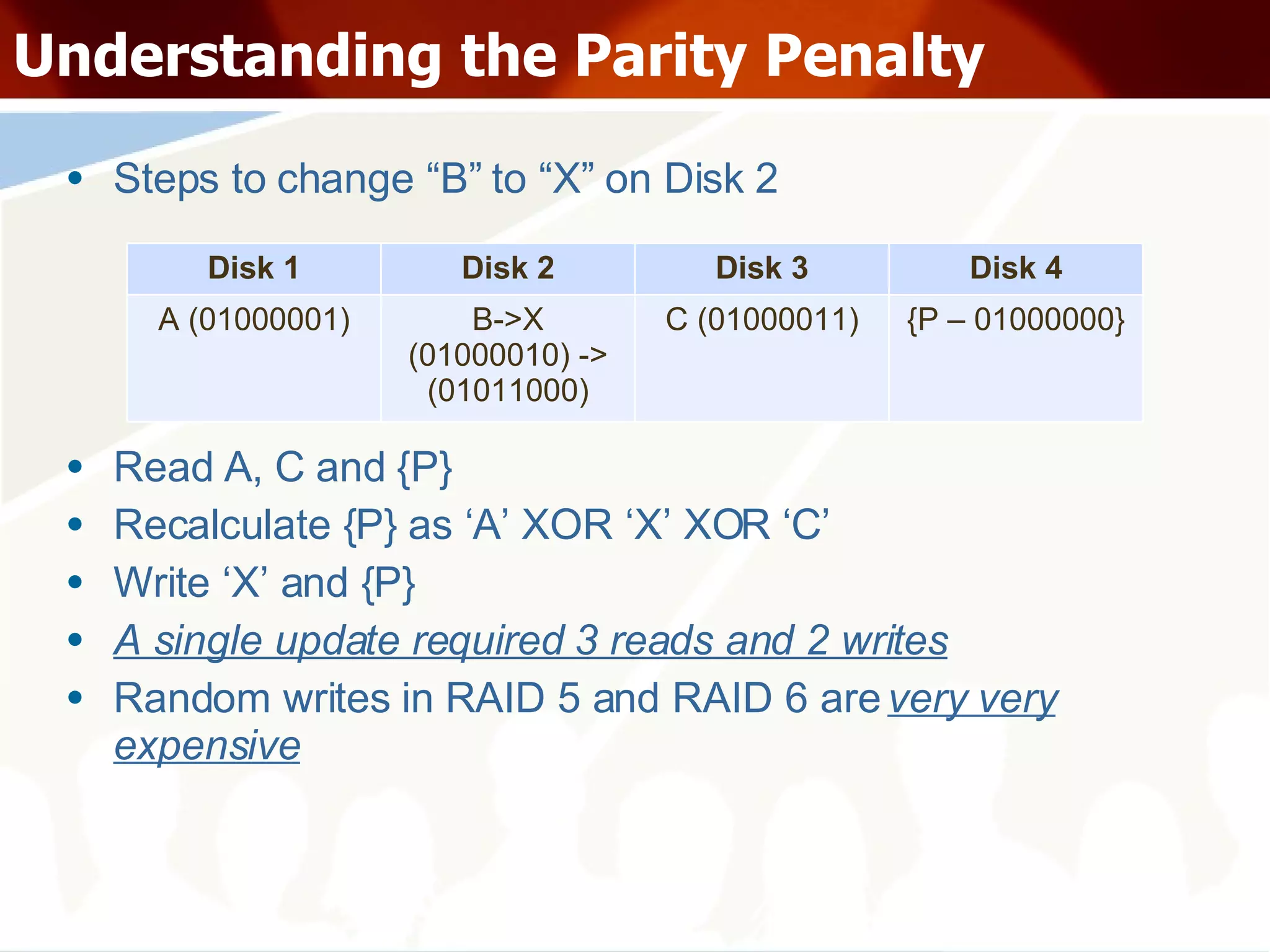 Understanding the Parity Penalty Steps to change “B” to “X” on Disk 2 Read A, C and {P} Recalculate {P} as ‘A’ XOR ‘X’ XOR ‘C’ Write ‘X’ and {P} A single update required 3 reads and 2 writes Random writes in RAID 5 and RAID 6 are  very very expensive Disk 1 Disk 2 Disk 3 Disk 4 A (01000001) B->X (01000010) -> (01011000) C (01000011) {P – 01000000} 