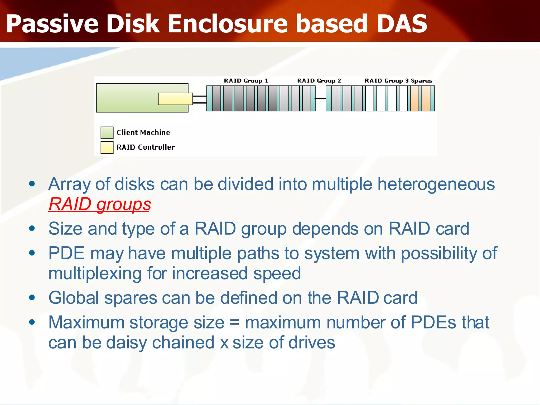 Passive Disk Enclosure based DAS Array of disks can be divided into multiple heterogeneous  RAID groups Size and type of a RAID group depends on RAID card PDE may have multiple paths to system with possibility of multiplexing for increased speed Global spares can be defined on the RAID card Maximum storage size = maximum number of PDEs that can be daisy chained x size of drives 