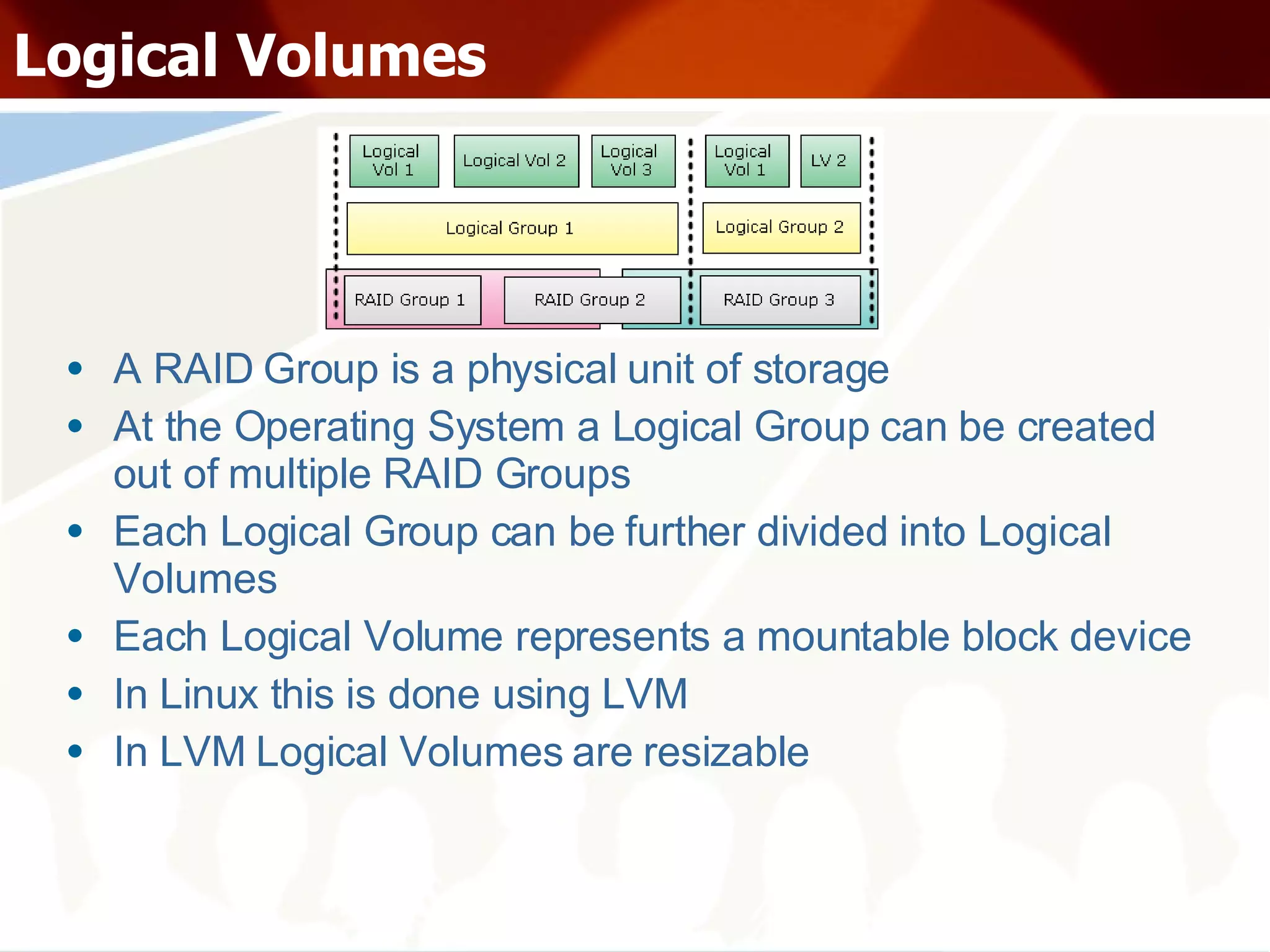 Logical Volumes A RAID Group is a physical unit of storage At the Operating System a Logical Group can be created out of multiple RAID Groups Each Logical Group can be further divided into Logical Volumes Each Logical Volume represents a mountable block device In Linux this is done using LVM  In LVM Logical Volumes are resizable 