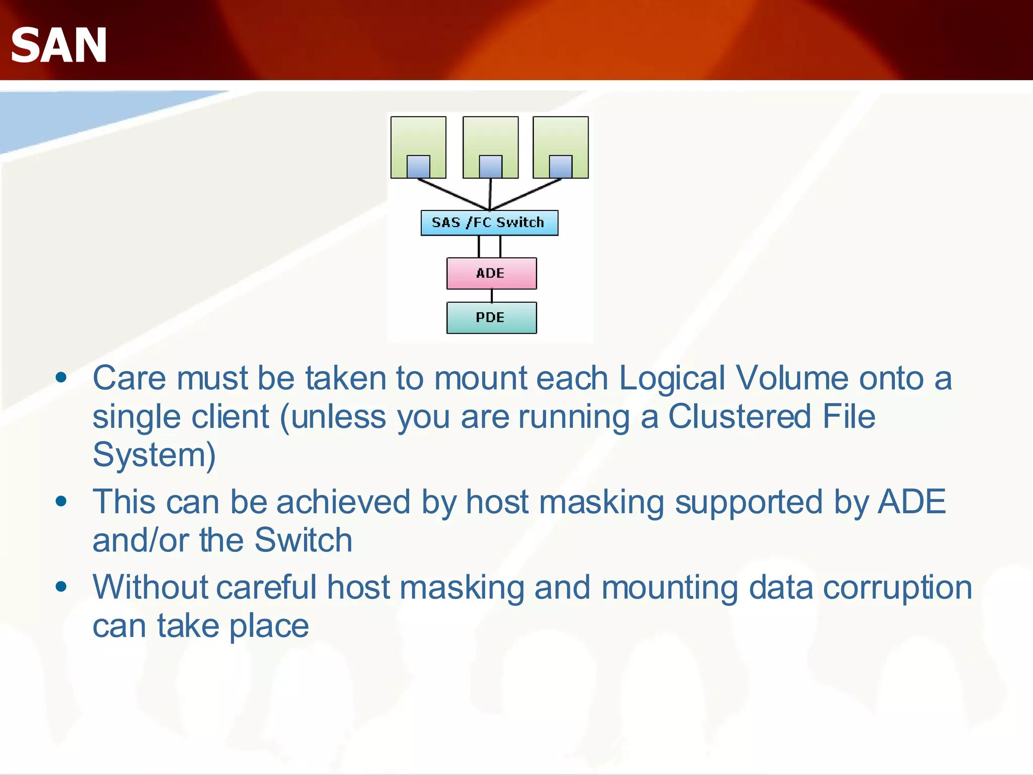 SAN Care must be taken to mount each Logical Volume onto a single client (unless you are running a Clustered File System) This can be achieved by host masking supported by ADE and/or the Switch Without careful host masking and mounting data corruption can take place 