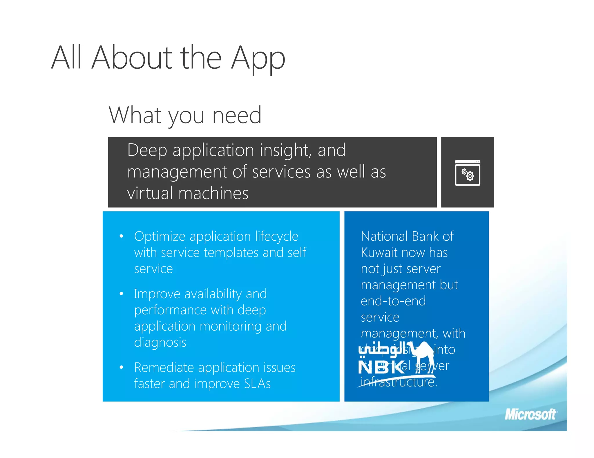 All About the App
    What you need
     Deep application insight, and
     management of services as well as
     virtual machines

    • Optimize application lifecycle    National Bank of
      with service templates and self   Kuwait now has
      service                           not just server
                                        management but
    • Improve availability and
                                        end-to-end
      performance with deep
                                        service
      application monitoring and
                                        management, with
      diagnosis
                                        deep insight into
    • Remediate application issues      its virtual server
      faster and improve SLAs           infrastructure.
 