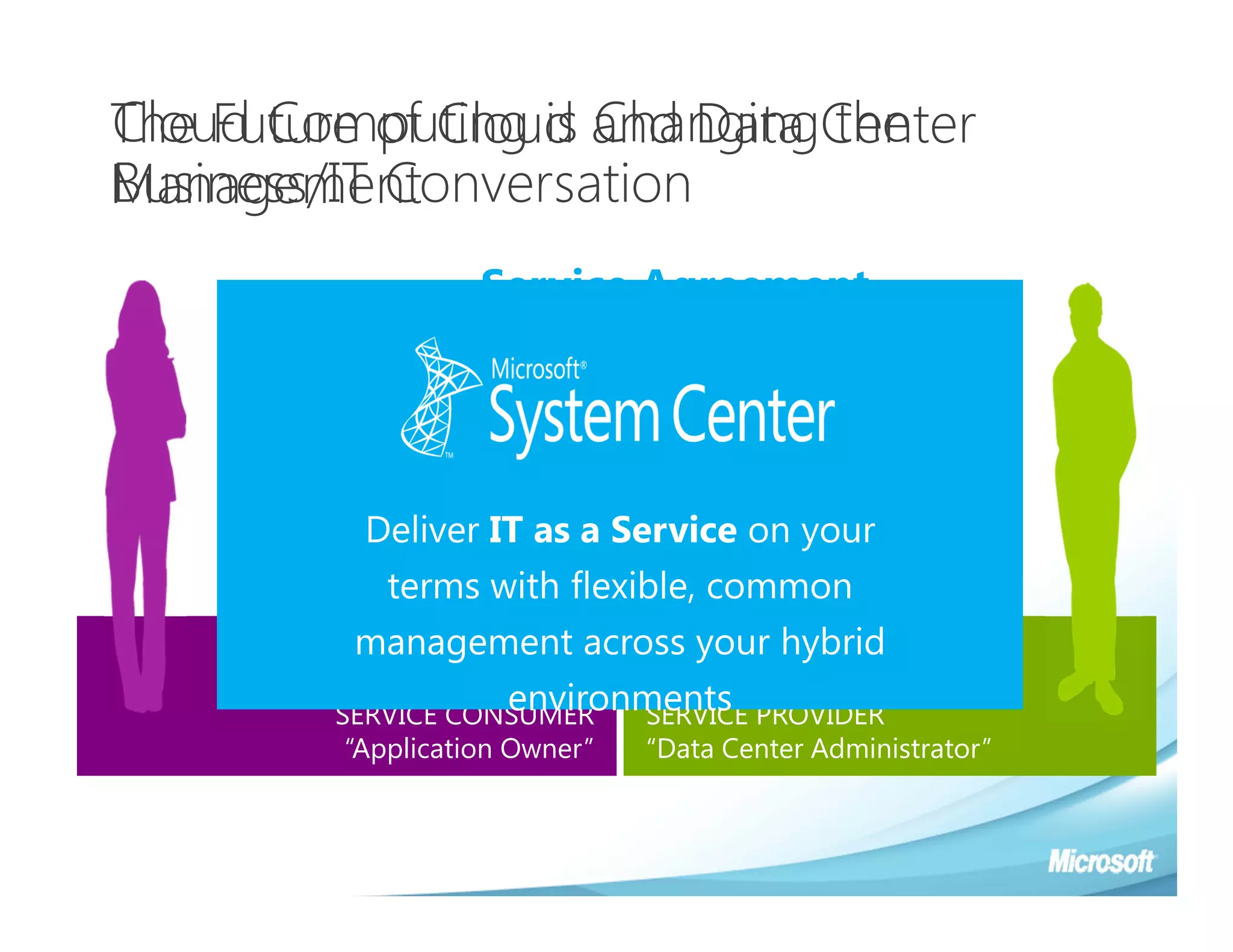 Cloud Computing is Changing the
The Future of Cloud and Data Center
Business/IT Conversation
Management
                         Service Agreement
           Empowerment and Agility             Resource Pooling


            Self-Service Experience         Delegation and Control


        Application Viability and Control     Flexible and Elastic

            Deliver IT as a Service on your
                Simplicity          Cost Efficiency
             terms with flexible, common
           management across your hybrid
                         environments PROVIDER
          SERVICE CONSUMER      SERVICE
           “Application Owner”              “Data Center Administrator”
 