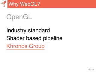 OpenGL
Industry standard
Shader based pipeline
Khronos Group
Why WebGL?
10 / 44
 