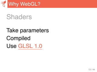 Shaders
Take parameters
Compiled
Use GLSL 1.0
Why WebGL?
13 / 44
 
