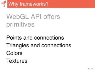 WebGL API offers
primitives
Points and connections
Triangles and connections
Colors
Textures
Why frameworks?
18 / 44
 