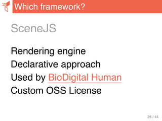 SceneJS
Rendering engine
Declarative approach
Used by BioDigital Human
Custom OSS License
Which framework?
26 / 44
 