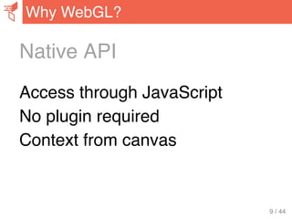 Native API
Access through JavaScript
No plugin required
Context from canvas
Why WebGL?
9 / 44
 