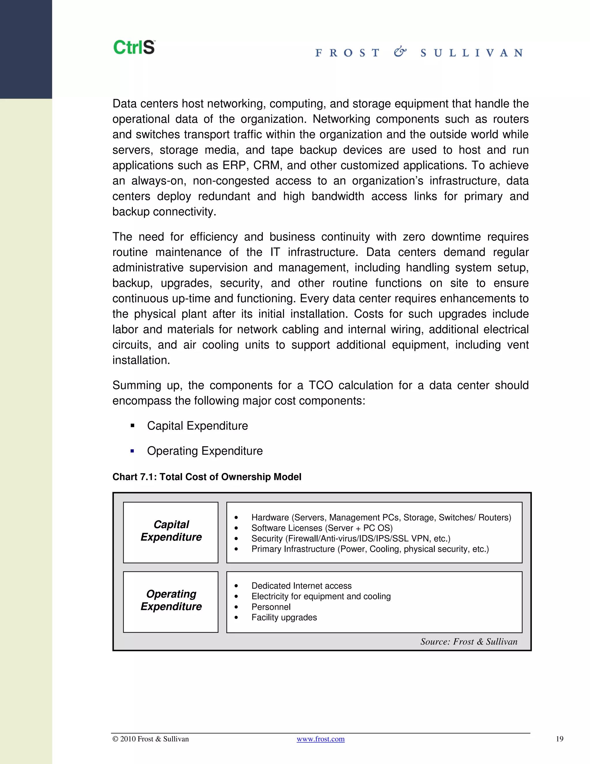 Data centers host networking, computing, and storage equipment that handle the
operational data of the organization. Networking components such as routers
and switches transport traffic within the organization and the outside world while
servers, storage media, and tape backup devices are used to host and run
applications such as ERP, CRM, and other customized applications. To achieve
an always-on, non-congested access to an organization’s infrastructure, data
centers deploy redundant and high bandwidth access links for primary and
backup connectivity.

The need for efficiency and business continuity with zero downtime requires
routine maintenance of the IT infrastructure. Data centers demand regular
administrative supervision and management, including handling system setup,
backup, upgrades, security, and other routine functions on site to ensure
continuous up-time and functioning. Every data center requires enhancements to
the physical plant after its initial installation. Costs for such upgrades include
labor and materials for network cabling and internal wiring, additional electrical
circuits, and air cooling units to support additional equipment, including vent
installation.

Summing up, the components for a TCO calculation for a data center should
encompass the following major cost components:

          Capital Expenditure

          Operating Expenditure

Chart 7.1: Total Cost of Ownership Model



                          •     Hardware (Servers, Management PCs, Storage, Switches/ Routers)
          Capital         •     Software Licenses (Server + PC OS)
        Expenditure       •     Security (Firewall/Anti-virus/IDS/IPS/SSL VPN, etc.)
                          •     Primary Infrastructure (Power, Cooling, physical security, etc.)



                          •     Dedicated Internet access
         Operating        •     Electricity for equipment and cooling
        Expenditure       •     Personnel
                          •     Facility upgrades

                                                                         Source: Frost & Sullivan




© 2010 Frost & Sullivan                    www.frost.com                                            19
 