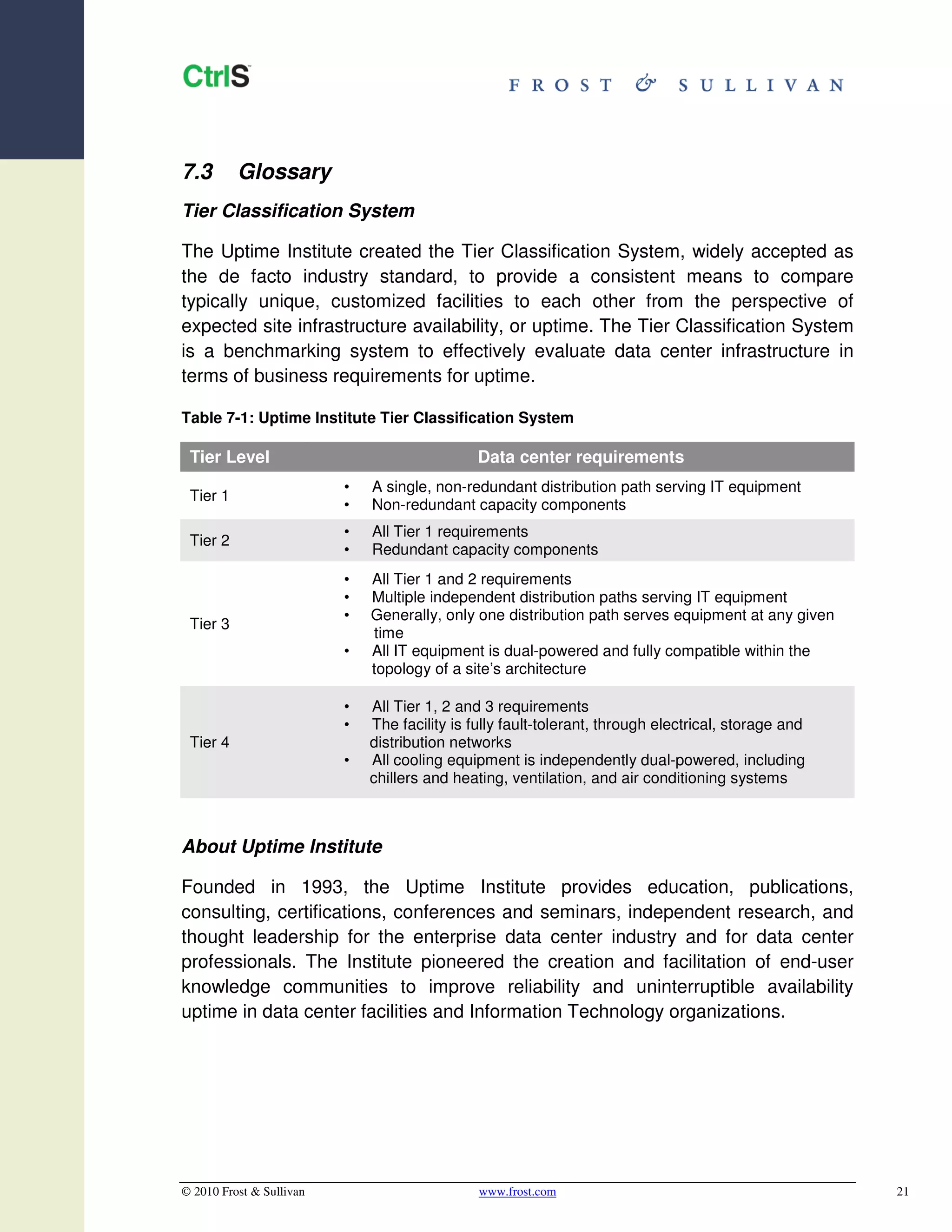 7.3       Glossary
Tier Classification System

The Uptime Institute created the Tier Classification System, widely accepted as
the de facto industry standard, to provide a consistent means to compare
typically unique, customized facilities to each other from the perspective of
expected site infrastructure availability, or uptime. The Tier Classification System
is a benchmarking system to effectively evaluate data center infrastructure in
terms of business requirements for uptime.

Table 7-1: Uptime Institute Tier Classification System

 Tier Level                                    Data center requirements
                          •   A single, non-redundant distribution path serving IT equipment
 Tier 1
                          •   Non-redundant capacity components
                          •   All Tier 1 requirements
 Tier 2
                          •   Redundant capacity components
                          •   All Tier 1 and 2 requirements
                          •   Multiple independent distribution paths serving IT equipment
                          •   Generally, only one distribution path serves equipment at any given
 Tier 3
                              time
                          •   All IT equipment is dual-powered and fully compatible within the
                              topology of a site’s architecture

                          •   All Tier 1, 2 and 3 requirements
                          •   The facility is fully fault-tolerant, through electrical, storage and
 Tier 4                       distribution networks
                          •   All cooling equipment is independently dual-powered, including
                              chillers and heating, ventilation, and air conditioning systems



About Uptime Institute

Founded in 1993, the Uptime Institute provides education, publications,
consulting, certifications, conferences and seminars, independent research, and
thought leadership for the enterprise data center industry and for data center
professionals. The Institute pioneered the creation and facilitation of end-user
knowledge communities to improve reliability and uninterruptible availability
uptime in data center facilities and Information Technology organizations.




© 2010 Frost & Sullivan                        www.frost.com                                          21
 