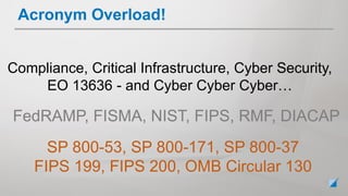 Acronym Overload!
Compliance, Critical Infrastructure, Cyber Security,
EO 13636 - and Cyber Cyber Cyber…
FedRAMP, FISMA, NIST, FIPS, RMF, DIACAP
SP 800-53, SP 800-171, SP 800-37
FIPS 199, FIPS 200, OMB Circular 130
 