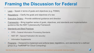 • Laws – Speak in terms of goals and objectives (e.g. FISMA)
• Regulations – Clarify the goals and objectives of a law
• Executive Orders – Provide additional guidance and direction
• Frameworks – Bring together series of goals, objectives, and standards and implementation
guidance like the NIST Cybersecurity Framework
• Standards and Best Practices
• FIPS – Federal Information Processing Standards
• NIST SP – Special Publication (for security)
• Information Supplements
• Programs – Designed to implement and enforce laws, regulations, and standards for a defined
group (e.g. FedRAMP for Cloud Computing)
Note that the focus will largely be around standards and frameworks that Schellman’s service provider clients have to follow.
Framing the Discussion for Federal
 