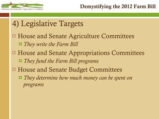 4) Legislative Targets House and Senate Agriculture Committees They write the Farm Bill House and Senate Appropriations Committees They fund the Farm Bill programs House and Senate Budget Committees They determine how much money can be spent on programs 