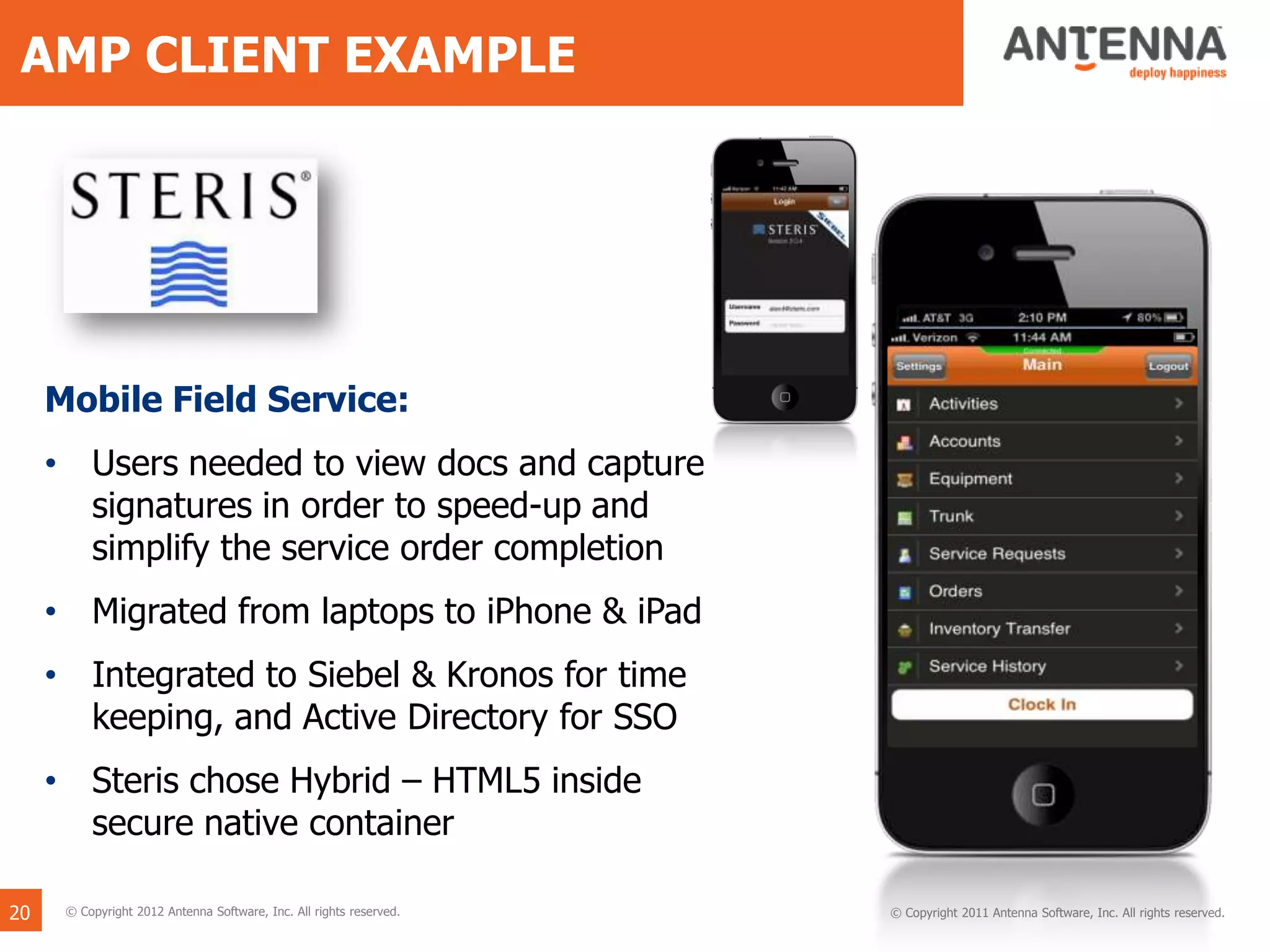 © Copyright 2011 Antenna Software, Inc. All rights reserved.
Mobile Field Service:
• Users needed to view docs and capture
signatures in order to speed-up and
simplify the service order completion
• Migrated from laptops to iPhone & iPad
• Integrated to Siebel & Kronos for time
keeping, and Active Directory for SSO
• Steris chose Hybrid – HTML5 inside
secure native container
© Copyright 2012 Antenna Software, Inc. All rights reserved.
AMP CLIENT EXAMPLE
20
 