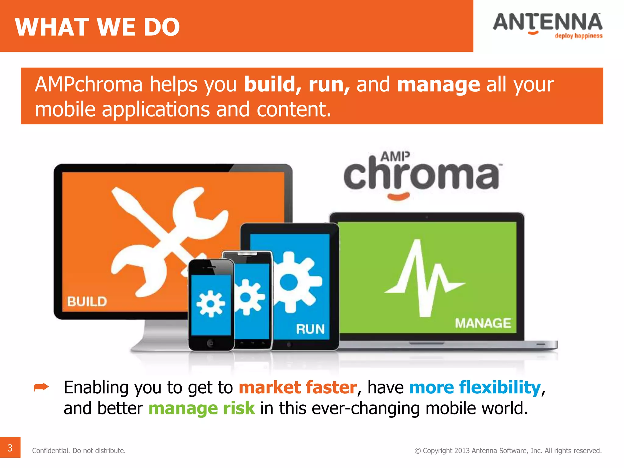 WHAT WE DO
AMPchroma helps you build, run, and manage all your
mobile applications and content.
➦ Enabling you to get to market faster, have more flexibility,
and better manage risk in this ever-changing mobile world.
3 © Copyright 2013 Antenna Software, Inc. All rights reserved.Confidential. Do not distribute.
 