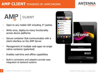 © Copyright 2011 Antenna Software, Inc. All rights reserved.
• Open to any mobile IDE including 3rd parties
• Write once, deploy-to-many functionality
across device platforms
• Secure container that communicates with a
client interface on the AMP Server
• Management of multiple web apps via single
native container (patented)
• Enables real-time and offline capabilities
• Built-in connectors and adapters provide easy
integration to backend systems
© Copyright 2012 Antenna Software, Inc. All rights reserved.
AMP CLIENT POWERED BY AMPCHROMA
19
 