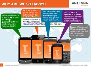 WHY ARE WE SO HAPPY?
75 of the F1000
brands rely on our
platform every day,
like Coke, Walmart,
Xerox, RBS and
McGraw Hill.
Want to be the first to have the 2013 Gartner Magic Quadrant for
Mobile Applications Development Platforms (MADP)? If so, go to …
http://tiny.cc/getMADP to register for a free copy.
Gartner recognized us
as a LEADER in their
2012 Magic
Quadrant for Mobile
App Development
Platforms (MADP).
You’d be smiling too if
you had over 200
million messages
flowing through your
servers each month.
Dozens of carrier and
ISV partners call our
platform their own and
take it to market
under their brand.
With our SAS70,
SysTrust & FIPS140
certifications, we sleep
well knowing our
customers are secure.
23 © Copyright 2012 Antenna Software, Inc. All rights reserved.Confidential. Do not distribute.
 