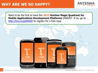 WHY ARE WE SO HAPPY?
75 of the F1000
brands rely on our
platform every day,
like Coke, Walmart,
Xerox, RBS and
McGraw Hill.
Want to be the first to have the 2013 Gartner Magic Quadrant for
Mobile Applications Development Platforms (MADP)? If so, go to …
http://tiny.cc/getMADP to register for a free copy.
24 © Copyright 2012 Antenna Software, Inc. All rights reserved.Confidential. Do not distribute.
 