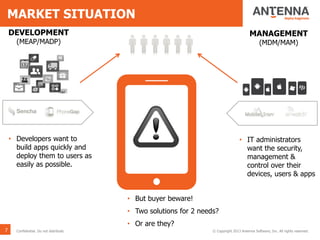 MARKET SITUATION
7 © Copyright 2013 Antenna Software, Inc. All rights reserved.Confidential. Do not distribute.
• IT administrators
want the security,
management &
control over their
devices, users & apps
MANAGEMENT
(MDM/MAM)
• Developers want to
build apps quickly and
deploy them to users as
easily as possible.
DEVELOPMENT
(MEAP/MADP)
• But buyer beware!
• Two solutions for 2 needs?
• Or are they?
 