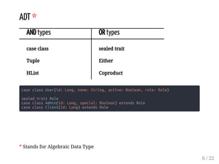 AND types
case class
Tuple
HList
OR types
sealed trait
Either
Coproduct
ADT *
case class User(id: Long, name: String, active: Boolean, role: Role)
sealed trait Role
case class Admin(id: Long, special: Boolean) extends Role
case class Client(id: Long) extends Role
* Stands for Algebraic Data Type
6 / 22
 