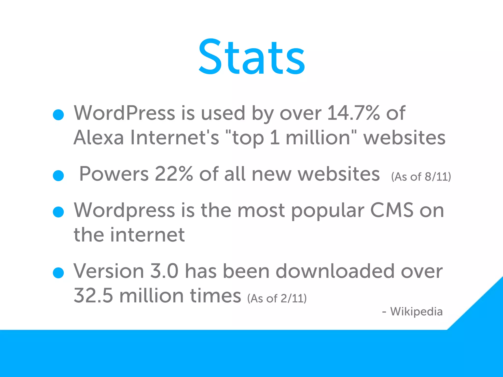 Stats
• WordPress is used by over 14.7% of
  Alexa Internet's "top 1 million" websites

• Powers 22% of all new websites     (As of 8/11)


• Wordpress is the most popular CMS on
  the internet

• Version 3.0 has been downloaded over
  32.5 million times (As of 2/11)
                                    - Wikipedia
 