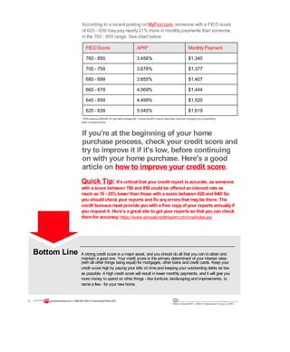According to a recent posting on MyFico.com, someone with a FICO score
of 620 - 639 may pay nearly 21% more in monthly payments than someone
in the 760 - 850 range. See chart below:
FICO Score APR* Monthly Payment
760 - 850 3.456% $1,340
700 - 759 3.678% $1,377
680 - 699 3.855% $1,407
660 - 679 4.069% $1,444
640 - 659 4.499% $1,520
620 - 639 5.045% $1,619
* APRs assumea$300,000, 30-year fixedmortgagewith1.0points and80%Loan-to-ValueRatio. Assumes mortgageis for asinglefamily,
owner-occupiedproperty.
If you're at the beginning of your home
purchase process, check your credit score and
try to improve it if it's low, before continuing
on with your home purchase. Here's a good
article on how to improve your credit score.
Quick Tip: It's critical that your credit report is accurate, as someone
with a score between 760 and 850 could be offered an interest rate as
much as 10 - 25% lower than those with a score between 620 and 640!So
you should check your reports and fix anyerrors that maybe there. The
credit bureaus must provide you with a free copyof your reports annuallyif
you request it. Here's a great site to get your reports so that you can check
themfor accuracy:https://www.annualcreditreport.com/cra/index.jsp
A strong credit score is a major asset, and you should do all that you can to attain and
maintain a good one. Your credit score is the primary determinant of your interest rates
(with all other things being equal) for mortgages, other loans and credit cards. Keep your
credit score high by paying your bills on time and keeping your outstanding debts as low
as possible. A high credit score will result in lower monthly payments, and it will give you
more money to spend on other things - like furniture, landscaping and improvements, to
name a few - for your new home.
9 guaranteedrate.coml 1-866-943-7283l ©Guaranteed Rate2012 Equal Housing Lender | Illinois Residential Mortgage Licensee
NMLSLicense#2611| 3940N. RavenswoodChicago, IL60613
Bottom Line
 