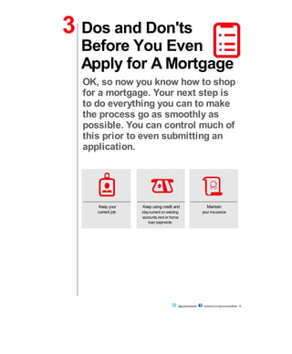 3 Dos and Don'ts
Before You Even
Apply for A Mortgage
OK, so now you know how to shop
for a mortgage. Your next step is
to do everything you can to make
the process go as smoothly as
possible. You can control much of
this prior to even submitting an
application.
Keep your Keep using credit and Maintain
current job staycurrent on existing your insurance
accounts,rent or home
loan payments
@guaranteedrate facebook.com/guaranteedRate 10
 