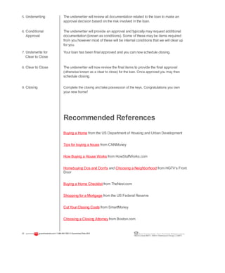 5. Underwriting The underwriter will review all documentation related to the loan to make an
approval decision based on the risk involved in the loan.
6. Conditional The underwriter will provide an approval and typically may request additional
Approval documentation (known as conditions). Some of these may be items required
from you however most of these will be internal conditions that we will clear up
for you.
7. Underwrite for Your loan has been final approved and you can now schedule closing.
Clear to Close
8. Clear to Close The underwriter will now review the final items to provide the final approval
(otherwise known as a clear to close) for the loan. Once approved you may then
schedule closing.
9. Closing Complete the closing and take possession of the keys. Congratulations you own
your new home!
Recommended References
Buying a Home from the US Department of Housing and Urban Development
Shopping for a Mortgage from the US Federal Reserve
23 guaranteedrate.coml 1-866-943-7283l ©Guaranteed Rate2012 Equal Housing Lender | Illinois Residential Mortgage Licensee
NMLSLicense#2611| 3940N. RavenswoodChicago, IL60613
Tips for buying a house from CNNMoney
How Buying a House Works from HowStuffWorks.com
Homebuying Dos and Don'ts and Choosing a Neighborhood from HGTV's Front
Door
Buying a Home Checklist from TheNest.com
Cut Your Closing Costs from SmartMoney
Choosing a Closing Attorney from Boston.com
 