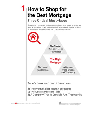 1 How to Shop for
the Best Mortgage
Three Critical Must-Haves
Shopping for a mortgage is similar to shopping for any other product or service: you
want the product that 1) best meets your needs at 2) the lowest possible price and
3) is provided to you by a company that is credible and trustworthy.
The Product
That Best Meets
Your Needs
The Right
Mortgage
The Lowest A Company
Possible Price That Is Credible
And Trustworthy
So let's break each one of these down:
1)The Product Best Meets Your Needs
2)The Lowest Possible Price
3) A Company That Is Credible And Trustworthy
1 guaranteedrate.coml 1-866-943-7283l ©Guaranteed Rate2012 Equal Housing Lender | Illinois Residential Mortgage Licensee
NMLSLicense#2611| 3940N. RavenswoodChicago, IL60613
 