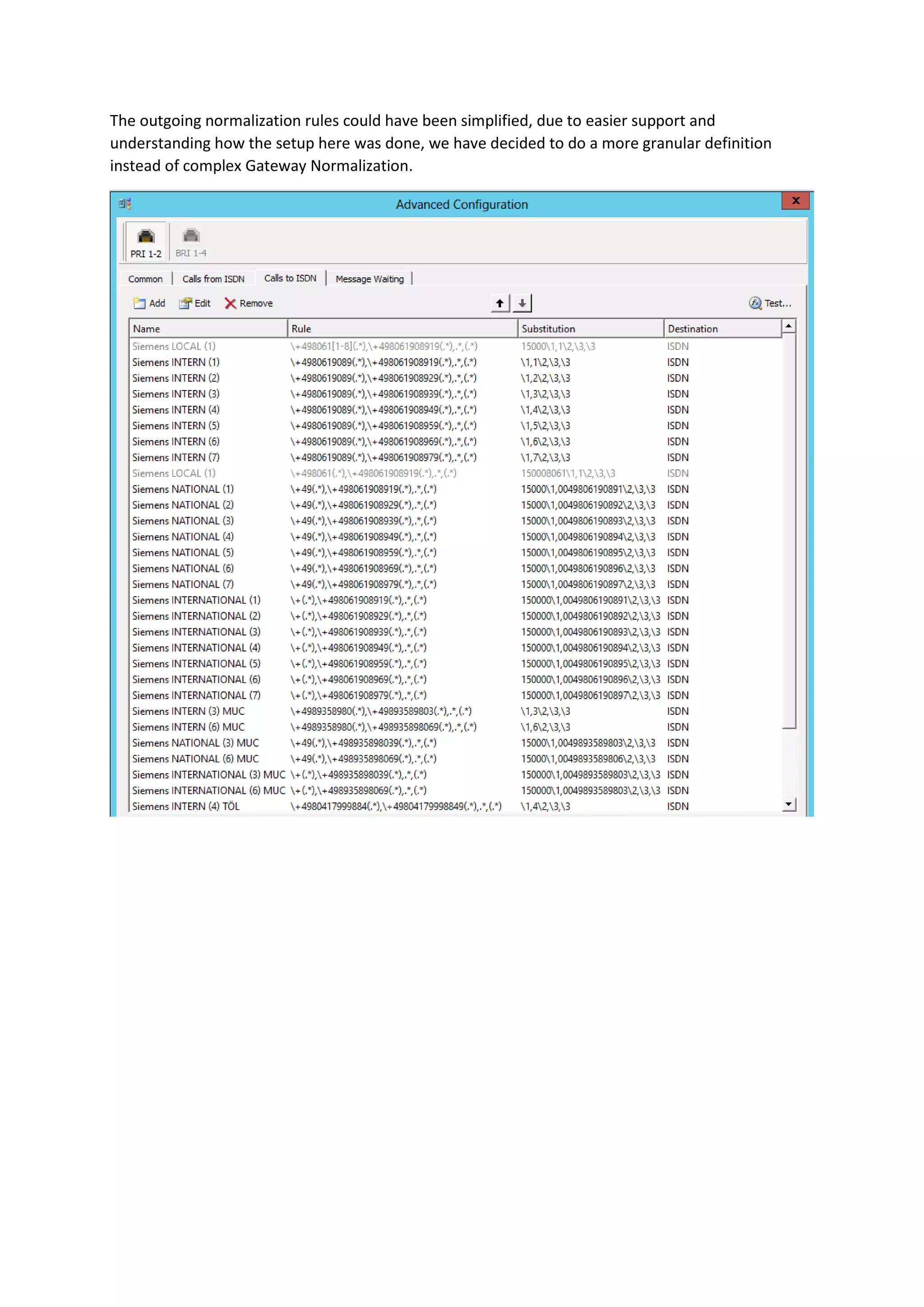 The outgoing normalization rules could have been simplified, due to easier support and
understanding how the setup here was done, we have decided to do a more granular definition
instead of complex Gateway Normalization.
 