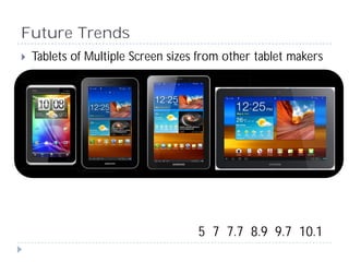 Future Trends
 Tablets of Multiple Screen sizes from other tablet makers




                                 5 7 7.7 8.9 ...