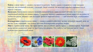Хміль у свою чергу — символ гнучкості та розуму. Хміль здавна поважався у слов’янських
народів, він оспіваний в піснях і легендах. Іноді хлопець чи молодий парубок порівнюється в
народі з хмелем.
Васильки. Квіти ніжно-синього кольору, асоціюються з оком молодої дівчини, вплітають в
український віночок як символ краси. У повному варіанті українського вінка присутні волошка та
любисток разом. Можна з цих кольорів зробити окремий вінок — і цей віночок буде уособлювати
відданість.
Безсмертник в українському вінку — символ здоров’я, він лікує велику кількість хвороб, хоча на
вигляд дуже скромний. Але кожна квіточка безсмертника потрібна людям.
Мак в українському вінку. Ця гарна квітка, яка уособлює дівочу красу — символ краси. Червоний
колір квітки символізує щирі та чисті почуття дівчини. Ось мабуть і всі основні квіти з яких
складається український вінок.
 