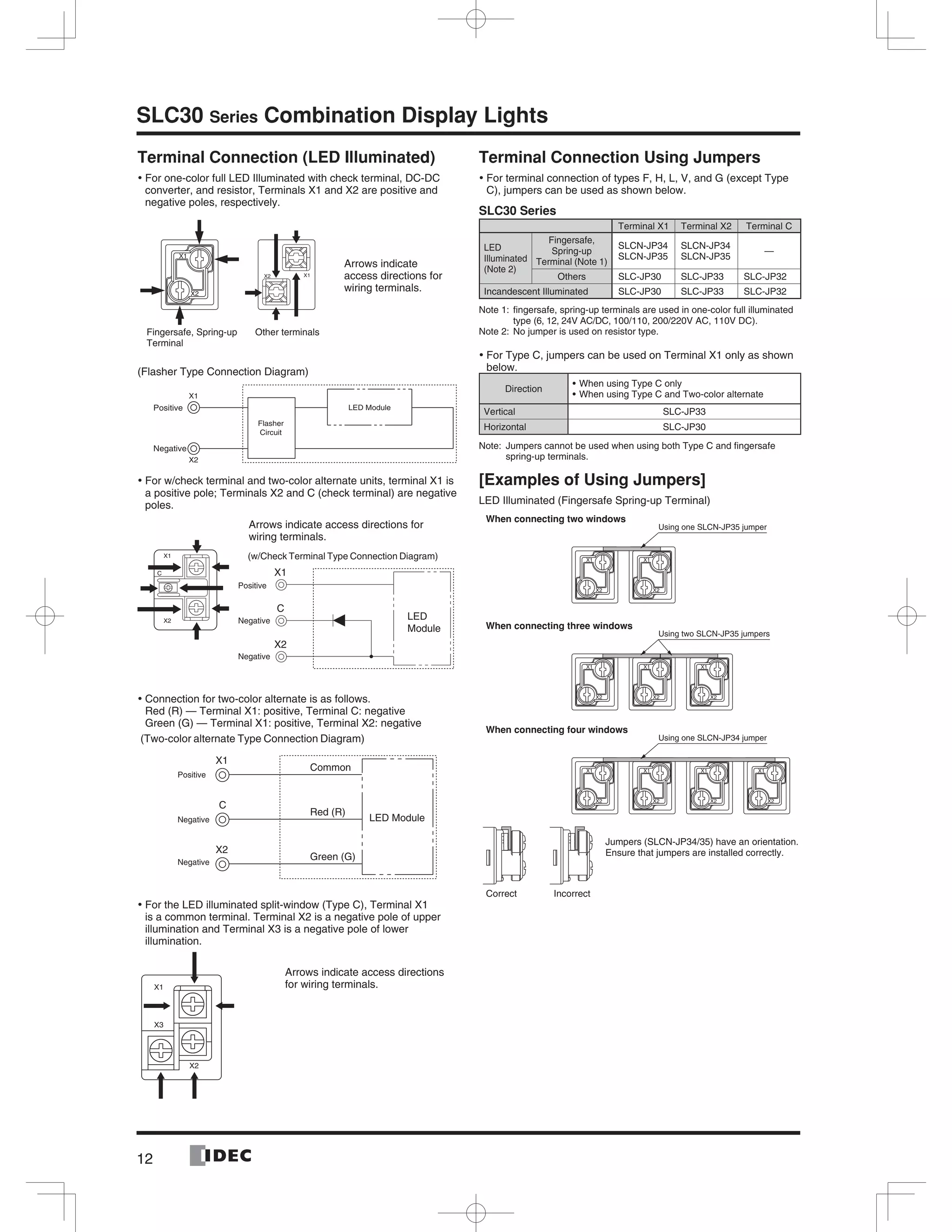 12
SLC30 Series Combination Display Lights
Terminal Connection (LED Illuminated)
• For one-color full LED Illuminated with check terminal, DC-DC
converter, and resistor, Terminals X1 and X2 are positive and
negative poles, respectively.
(Flasher Type Connection Diagram)
• For w/check terminal and two-color alternate units, terminal X1 is
a positive pole; Terminals X2 and C (check terminal) are negative
poles.
• Connection for two-color alternate is as follows.
Red (R) — Terminal X1: positive, Terminal C: negative
Green (G) — Terminal X1: positive, Terminal X2: negative
• For the LED illuminated split-window (Type C), Terminal X1
is a common terminal. Terminal X2 is a negative pole of upper
illumination and Terminal X3 is a negative pole of lower
illumination.
Terminal Connection Using Jumpers
• For terminal connection of types F, H, L, V, and G (except Type
C), jumpers can be used as shown below.
SLC30 Series
Terminal X1 Terminal X2 Terminal C
LED
Illuminated
(Note 2)
Fingersafe,
Spring-up
Terminal (Note 1)
SLCN-JP34
SLCN-JP35
SLCN-JP34
SLCN-JP35
—
Others SLC-JP30 SLC-JP33 SLC-JP32
Incandescent Illuminated SLC-JP30 SLC-JP33 SLC-JP32
Note 1: ﬁngersafe, spring-up terminals are used in one-color full illuminated
type (6, 12, 24V AC/DC, 100/110, 200/220V AC, 110V DC).
Note 2: No jumper is used on resistor type.
• For Type C, jumpers can be used on Terminal X1 only as shown
below.
Direction
When using Type C only
When using Type C and Two-color alternate
Vertical SLC-JP33
Horizontal SLC-JP30
Note: Jumpers cannot be used when using both Type C and ﬁngersafe
spring-up terminals.
[Examples of Using Jumpers]
LED Illuminated (Fingersafe Spring-up Terminal)
Fingersafe, Spring-up
Terminal
Other terminals
Arrows indicate
access directions for
wiring terminals.
LED Module
Flasher
Circuit
X1
Positive
Negative
X2
X1
X2
C
(w/Check Terminal Type Connection Diagram)
X1
Positive
Negative
Negative
C
X2
LED
Module
Arrows indicate access directions for
wiring terminals.
(Two-color alternate Type Connection Diagram)
X1
Common
C
Red (R)
X2
Green (G)
LED Module
Positive
Negative
Negative
X1
X3
X2
Arrows indicate access directions
for wiring terminals.
Using one SLCN-JP35 jumper
When connecting two windows
Using two SLCN-JP35 jumpers
When connecting three windows
Using one SLCN-JP34 jumper
When connecting four windows
Jumpers (SLCN-JP34/35) have an orientation.
Ensure that jumpers are installed correctly.
Correct Incorrect
 
