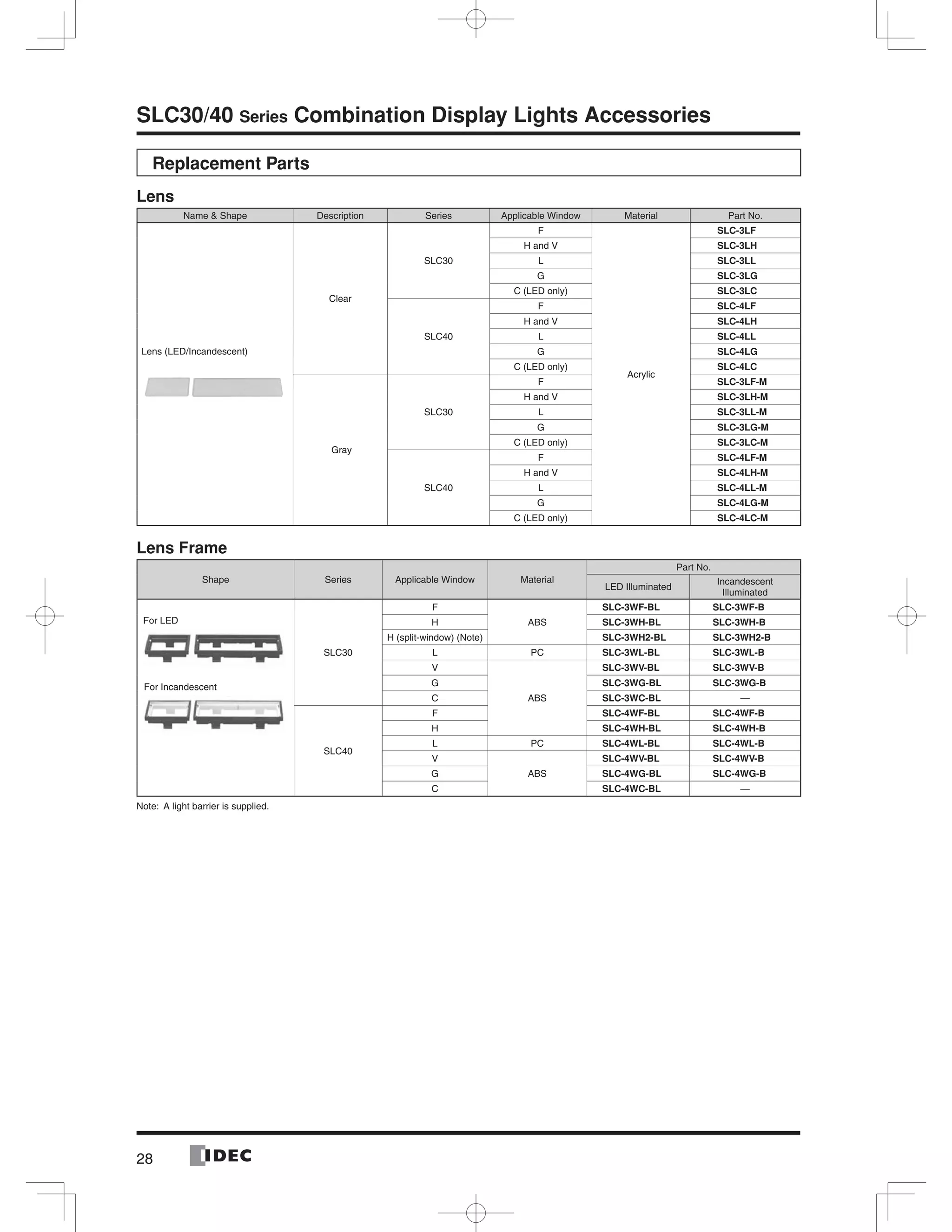 28
SLC30/40 Series Combination Display Lights Accessories
Replacement Parts
Lens
Name & Shape Description Series Applicable Window Material Part No.
Lens (LED/Incandescent)
Clear
SLC30
F
Acrylic
SLC-3LF
H and V SLC-3LH
L SLC-3LL
G SLC-3LG
C (LED only) SLC-3LC
SLC40
F SLC-4LF
H and V SLC-4LH
L SLC-4LL
G SLC-4LG
C (LED only) SLC-4LC
Gray
SLC30
F SLC-3LF-M
H and V SLC-3LH-M
L SLC-3LL-M
G SLC-3LG-M
C (LED only) SLC-3LC-M
SLC40
F SLC-4LF-M
H and V SLC-4LH-M
L SLC-4LL-M
G SLC-4LG-M
C (LED only) SLC-4LC-M
Lens Frame
Shape Series Applicable Window Material
Part No.
LED Illuminated
Incandescent
Illuminated
SLC30
F
ABS
SLC-3WF-BL SLC-3WF-B
H SLC-3WH-BL SLC-3WH-B
H (split-window) (Note) SLC-3WH2-BL SLC-3WH2-B
L PC SLC-3WL-BL SLC-3WL-B
V
ABS
SLC-3WV-BL SLC-3WV-B
G SLC-3WG-BL SLC-3WG-B
C SLC-3WC-BL —
SLC40
F SLC-4WF-BL SLC-4WF-B
H SLC-4WH-BL SLC-4WH-B
L PC SLC-4WL-BL SLC-4WL-B
V
ABS
SLC-4WV-BL SLC-4WV-B
G SLC-4WG-BL SLC-4WG-B
C SLC-4WC-BL —
Note: A light barrier is supplied.
For LED
For Incandescent
 