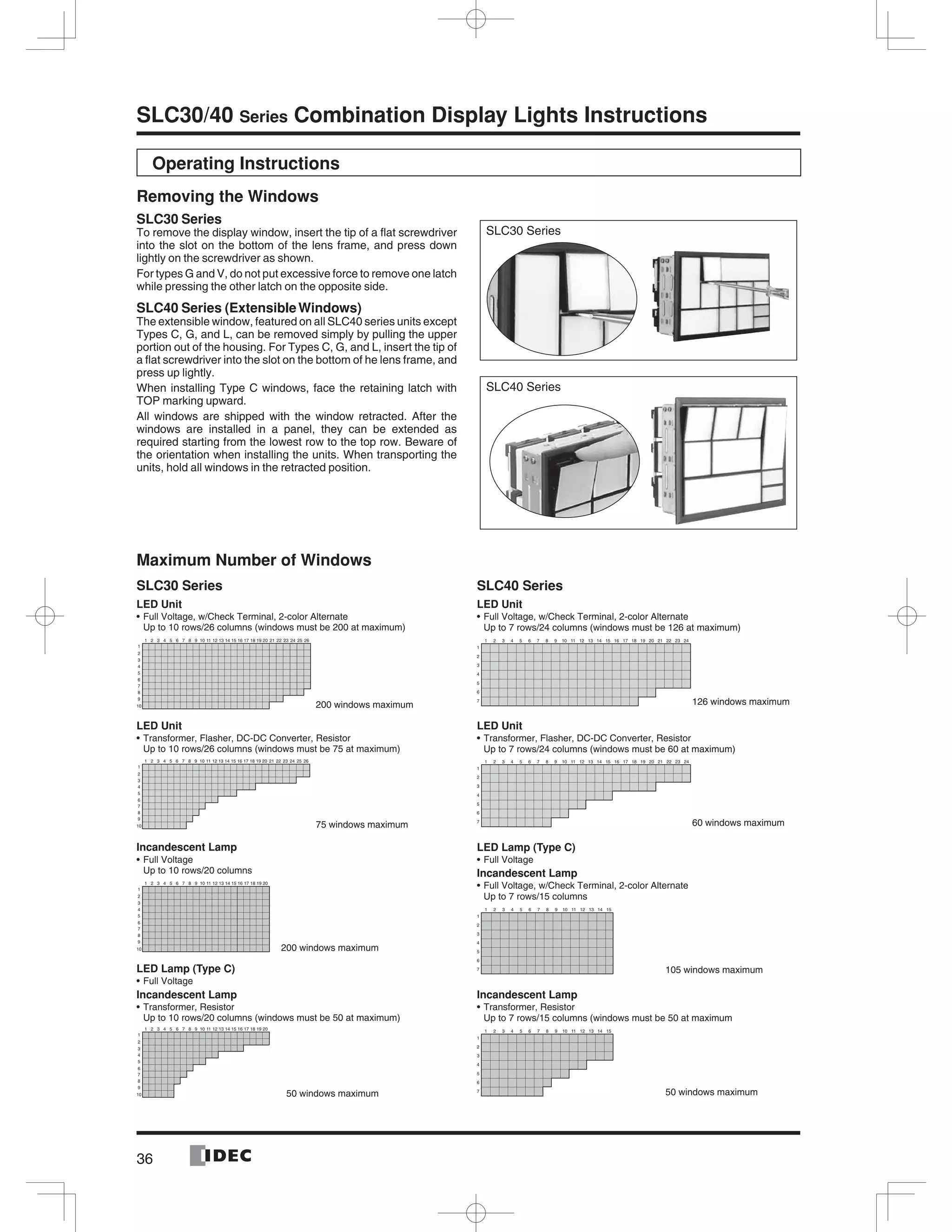 36
SLC30/40 Series Combination Display Lights Instructions
Operating Instructions
Removing the Windows
SLC30 Series
To remove the display window, insert the tip of a ﬂat screwdriver
into the slot on the bottom of the lens frame, and press down
lightly on the screwdriver as shown.
For types G and V, do not put excessive force to remove one latch
while pressing the other latch on the opposite side.
SLC40 Series (ExtensibleWindows)
The extensible window, featured on all SLC40 series units except
Types C, G, and L, can be removed simply by pulling the upper
portion out of the housing. For Types C, G, and L, insert the tip of
a ﬂat screwdriver into the slot on the bottom of he lens frame, and
press up lightly.
When installing Type C windows, face the retaining latch with
TOP marking upward.
All windows are shipped with the window retracted. After the
windows are installed in a panel, they can be extended as
required starting from the lowest row to the top row. Beware of
the orientation when installing the units. When transporting the
units, hold all windows in the retracted position.
SLC30 Series
SLC40 Series
Maximum Number of Windows
SLC30 Series
LED Unit
Full Voltage, w/Check Terminal, 2-color Alternate
Up to 10 rows/26 columns (windows must be 200 at maximum)
LED Unit
Transformer, Flasher, DC-DC Converter, Resistor
Up to 10 rows/26 columns (windows must be 75 at maximum)
Incandescent Lamp
Full Voltage
Up to 10 rows/20 columns
LED Lamp (Type C)
Full Voltage
Incandescent Lamp
Transformer, Resistor
Up to 10 rows/20 columns (windows must be 50 at maximum)
SLC40 Series
LED Unit
Full Voltage, w/Check Terminal, 2-color Alternate
Up to 7 rows/24 columns (windows must be 126 at maximum)
LED Unit
Transformer, Flasher, DC-DC Converter, Resistor
Up to 7 rows/24 columns (windows must be 60 at maximum)
LED Lamp (Type C)
Full Voltage
Incandescent Lamp
Full Voltage, w/Check Terminal, 2-color Alternate
Up to 7 rows/15 columns
Incandescent Lamp
Transformer, Resistor
Up to 7 rows/15 columns (windows must be 50 at maximum
1 2 3 4 5 6 7 8 9 10 11 12 13 14 15 16 17 18 19 20 21 22 23 24 25 26
1
2
3
4
5
6
7
8
9
10 200 windows maximum
1 2 3 4 5 6 7 8 9 10 11 12 13 14 15 16 17 18 19 20 21 22 23 24 25 26
1
2
3
4
5
6
7
8
9
10 75 windows maximum
1 2 3 4 5 6 7 8 9 10 11 12 13 14 15 16 17 18 19 20
1
2
3
4
5
6
7
8
9
10 200 windows maximum
1 2 3 4 5 6 7 8 9 10 11 12 13 14 15 16 17 18 19 20
1
2
3
4
5
6
7
8
9
10 50 windows maximum
1
2
3
4
5
6
7
1 2 3 4 5 6 7 8 9 10 11 12 13 14 15 16 17 18 19 20 21 22 23 24
126 windows maximum
1
2
3
4
5
6
7
1 2 3 4 5 6 7 8 9 10 11 12 13 14 15 16 17 18 19 20 21 22 23 24
60 windows maximum
1
2
3
4
5
6
7
1 2 3 4 5 6 7 8 9 10 11 12 13 14 15
105 windows maximum
1
2
3
4
5
6
7
1 2 3 4 5 6 7 8 9 10 11 12 13 14 15
50 windows maximum
 