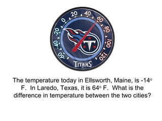 The temperature today in Ellsworth, Maine, is -14 o  F.  In Laredo, Texas, it is 64 o  F.  What is the difference in temperature between the two cities? 