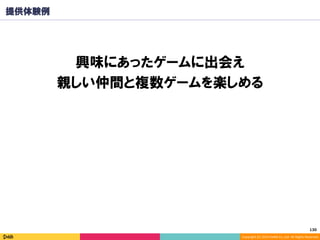 Copyright	(C)	2014	DeNA	Co.,Ltd.	All	Rights	Reserved.	
130	
提供体験例
興味にあったゲームに出会え
親しい仲間と複数ゲームを楽しめる
 