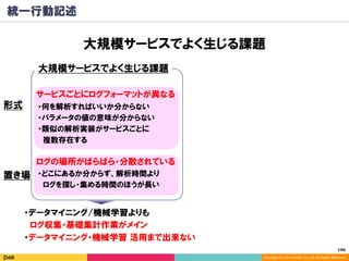 196	
Copyright (C) 2014 DeNA Co.,Ltd. All Rights Reserved.
統一行動記述
大規模サービスでよく生じる課題
大規模サービスでよく生じる課題
ログの場所がばらばら・分散されている
サービスごとにログフォーマットが異なる
・何を解析すればいいか分からない
・パラメータの値の意味が分からない
・類似の解析実装がサービスごとに
　複数存在する
形式
置き場
・データマイニング/機械学習よりも
　ログ収集・基礎集計作業がメイン
・データマイニング・機械学習 活用まで出来ない
・どこにあるか分からず、解析時間より
　ログを探し・集める時間のほうが長い
 