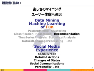 59	
Copyright (C) 2014 DeNA Co.,Ltd. All Rights Reserved.
活動例（抜粋）
楽しさのマイニング
ユーザー体験へ還元
Social Graph
Data Mining
Machine Learning
ClusteringPatternMining
Classification Regression Recommendation
of Fun
Social Media
Experience
TimeSeriesAnalysis StatisticalAnalysis
Detailed Actions
Social Communications
Changes of Status
NaturalLanguageProcessing ..etc
Personality ..etc
 