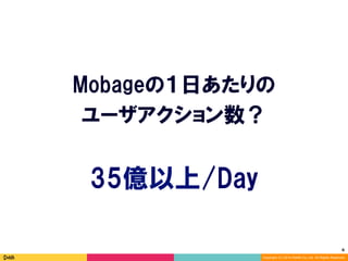 6	
Copyright (C) 2014 DeNA Co.,Ltd. All Rights Reserved.
Mobageの１日あたりの
ユーザアクション数？
35億以上/Day
 