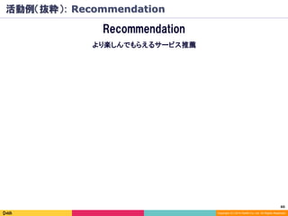 60	
Copyright (C) 2014 DeNA Co.,Ltd. All Rights Reserved.
Recommendation
より楽しんでもらえるサービス推薦
活動例（抜粋）: Recommendation
 