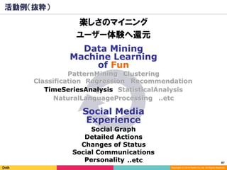 87	
Copyright (C) 2014 DeNA Co.,Ltd. All Rights Reserved.
活動例（抜粋）
楽しさのマイニング
ユーザー体験へ還元
Social Graph
Data Mining
Machine Learning
ClusteringPatternMining
Classification Regression Recommendation
of Fun
Social Media
Experience
TimeSeriesAnalysis StatisticalAnalysis
Detailed Actions
Social Communications
Changes of Status
NaturalLanguageProcessing ..etc
Personality ..etc
 