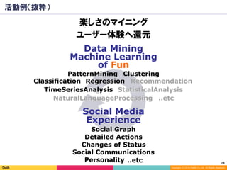 73	
Copyright (C) 2014 DeNA Co.,Ltd. All Rights Reserved.
活動例（抜粋）
楽しさのマイニング
ユーザー体験へ還元
Social Graph
Data Mining
Machine Learning
ClusteringPatternMining
Classification Regression Recommendation
of Fun
Social Media
Experience
TimeSeriesAnalysis StatisticalAnalysis
Detailed Actions
Social Communications
Changes of Status
NaturalLanguageProcessing ..etc
Personality ..etc
 